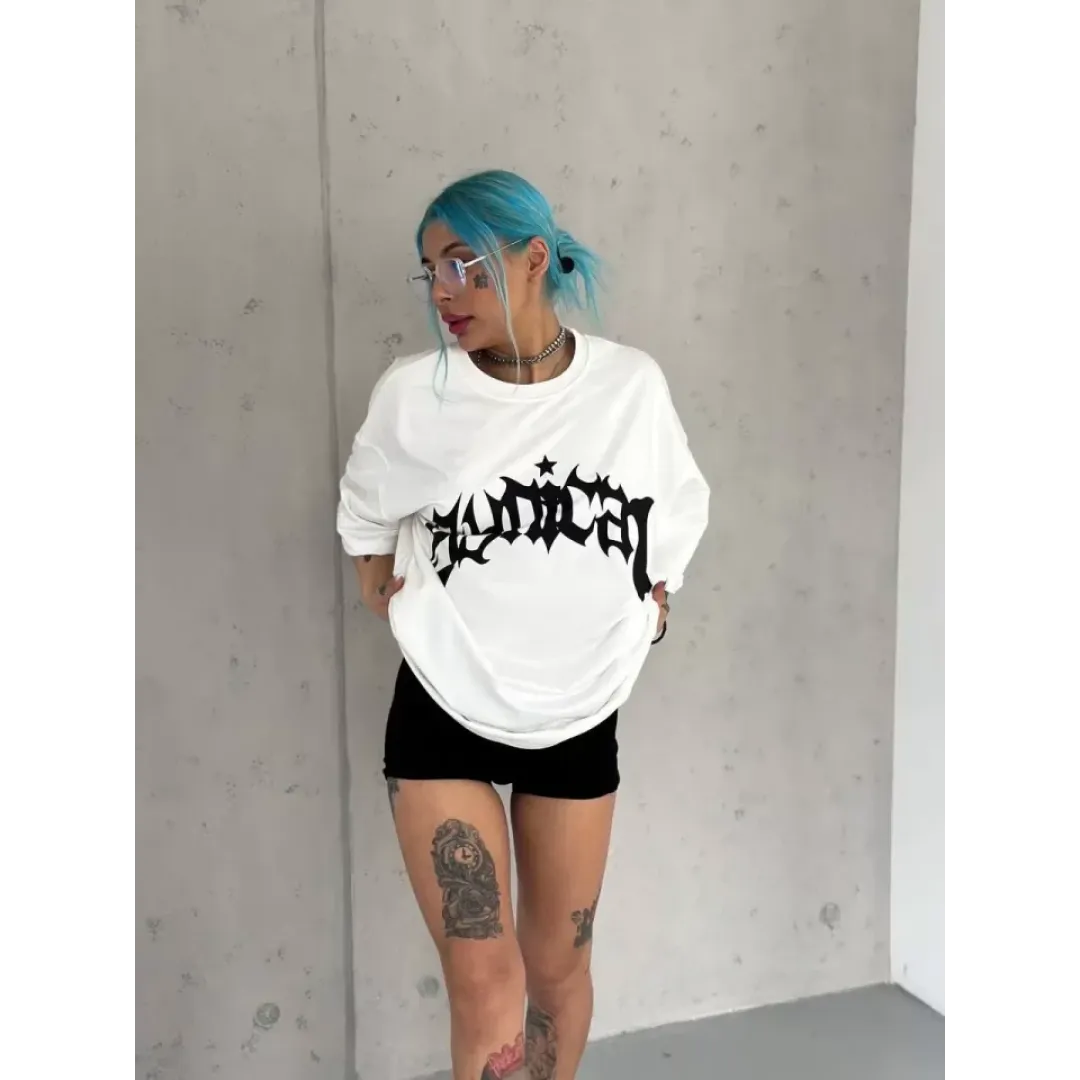 Unisex Bisiklet Yaka Baskılı Oversize T-Shirt - Beyaz - 102535 Unisex Bisiklet Yaka Baskılı Oversize T-Shirt - Beyaz - 102535