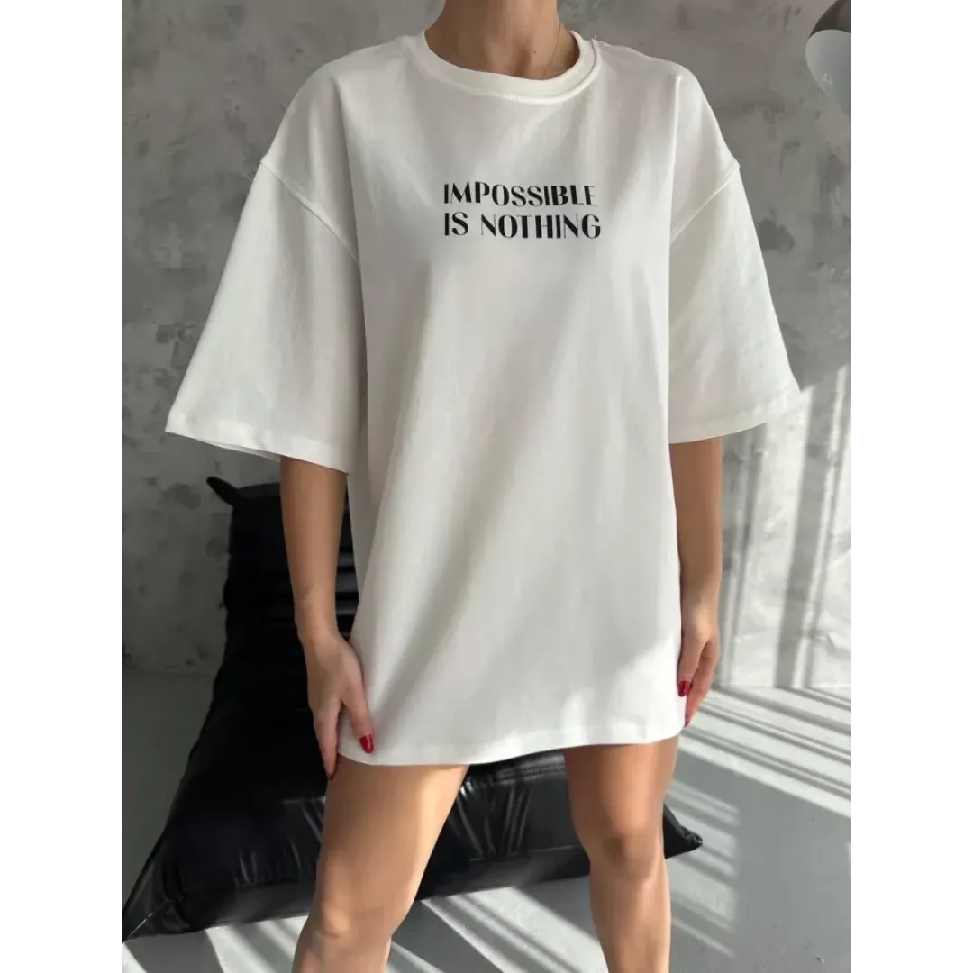 Unisex Bisiklet Yaka Baskılı Oversize T-Shirt - Beyaz - 102537