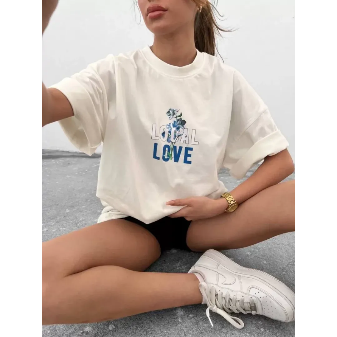 Unisex Bisiklet Yaka Baskılı Oversize T-Shirt - Beyaz - 102543