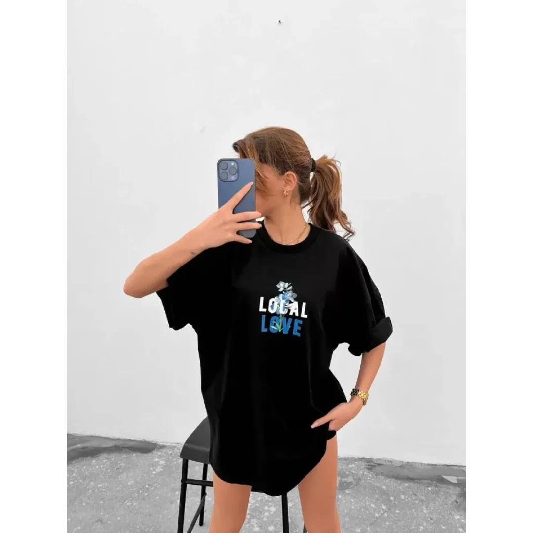 Unisex Bisiklet Yaka Baskılı Oversize T-Shirt - Siyah - 102544 Unisex Bisiklet Yaka Baskılı Oversize T-Shirt - Siyah - 102544