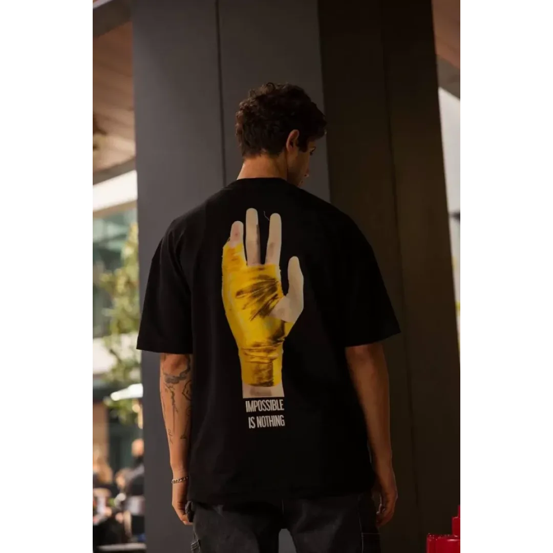Unisex Bisiklet Yaka Baskılı Oversize T-Shirt - Siyah - 102556