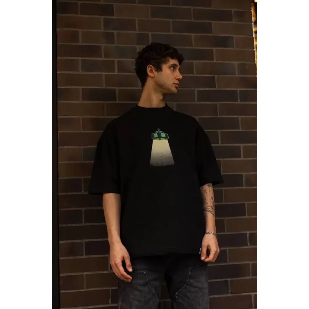 Unisex Bisiklet Yaka Baskılı Oversize T-Shirt - Siyah - 102557 Unisex Bisiklet Yaka Baskılı Oversize T-Shirt - Siyah - 102557