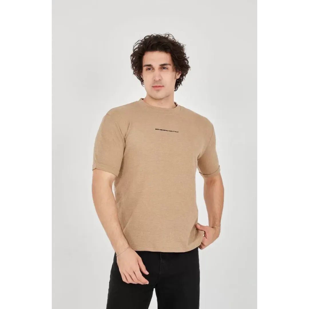 Unisex Jakar Kumaş Slim Fit T-Shirt - Kahverengi - 102716 Unisex Jakar Kumaş Slim Fit T-Shirt - Kahverengi - 102716