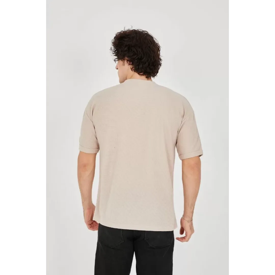 Unisex Jakar Kumaş Rahat Kol T-Shirt - Bej - 102718 Unisex Jakar Kumaş Rahat Kol T-Shirt - Bej - 102718