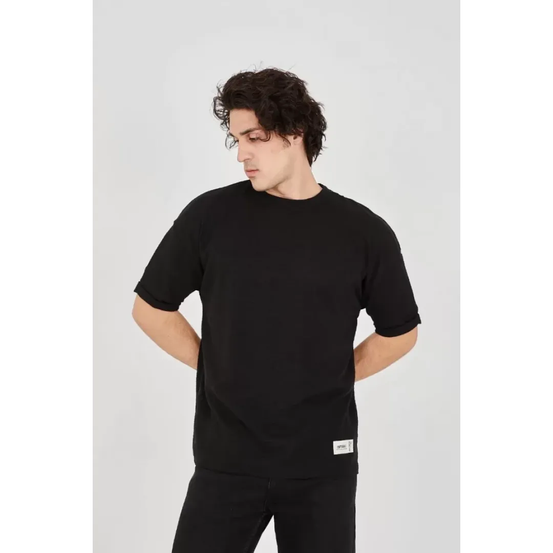 Unisex Jakar Kumaş Rahat Kol T-Shirt - Siyah - 102719 Unisex Jakar Kumaş Rahat Kol T-Shirt - Siyah - 102719