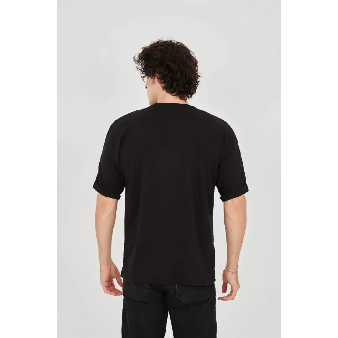 Unisex Jakar Kumaş Rahat Kol T-Shirt - Siyah - 102719 Unisex Jakar Kumaş Rahat Kol T-Shirt - Siyah - 102719