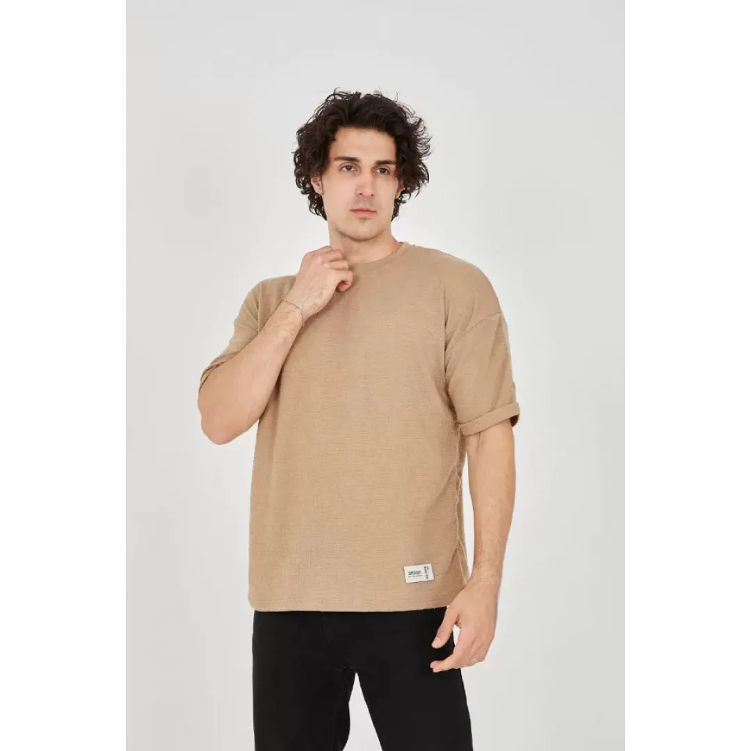 Unisex Jakar Kumaş Rahat Kol T-Shirt - Kahverengi - 102720 Unisex Jakar Kumaş Rahat Kol T-Shirt - Kahverengi - 102720