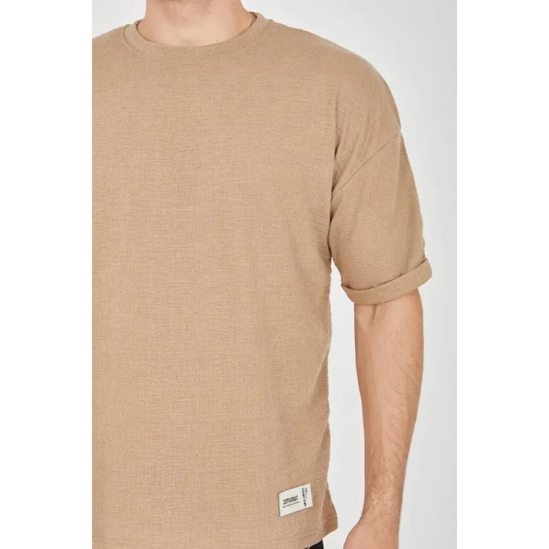 Unisex Jakar Kumaş Rahat Kol T-Shirt - Kahverengi - 102720 Unisex Jakar Kumaş Rahat Kol T-Shirt - Kahverengi - 102720