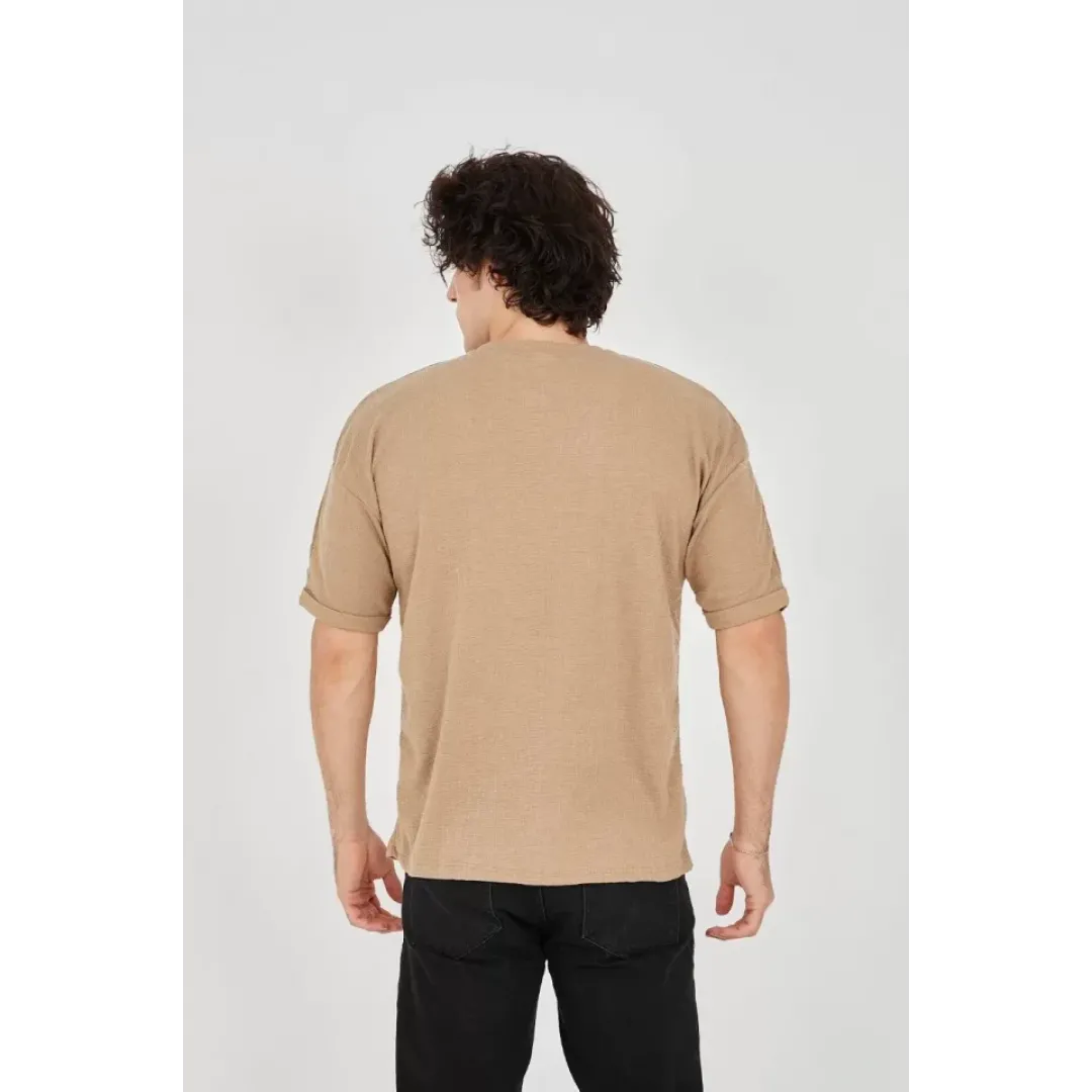 Unisex Jakar Kumaş Rahat Kol T-Shirt - Kahverengi - 102720 Unisex Jakar Kumaş Rahat Kol T-Shirt - Kahverengi - 102720