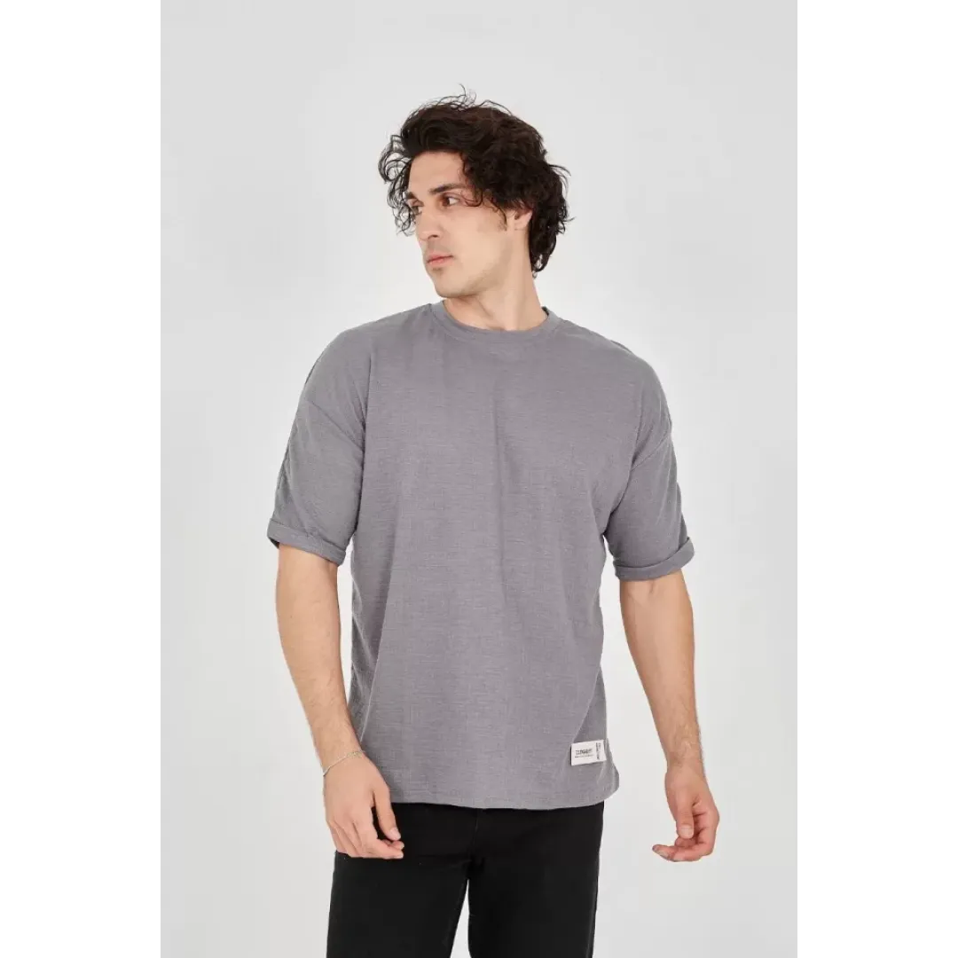 Unisex Jakar Kumaş Rahat Kol T-Shirt - Gri - 102723 Unisex Jakar Kumaş Rahat Kol T-Shirt - Gri - 102723