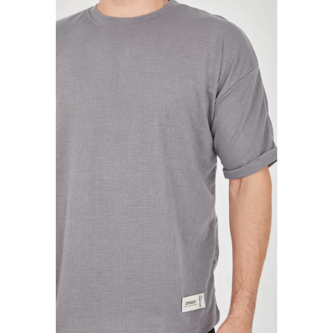 Unisex Jakar Kumaş Rahat Kol T-Shirt - Gri - 102723 Unisex Jakar Kumaş Rahat Kol T-Shirt - Gri - 102723