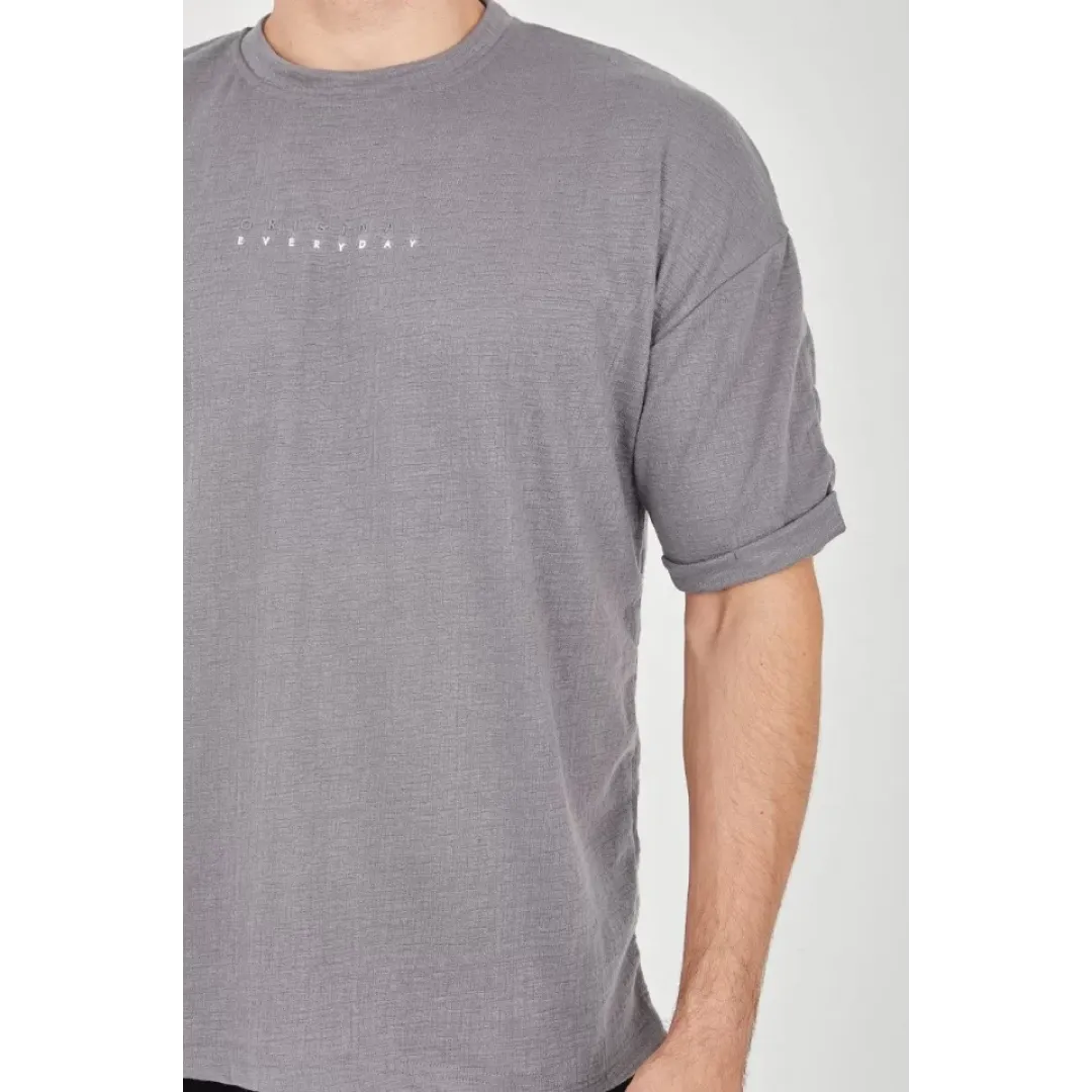 Unisex Jakar Kumaş Rahat Kol T-Shirt - Gri - 102724 Unisex Jakar Kumaş Rahat Kol T-Shirt - Gri - 102724