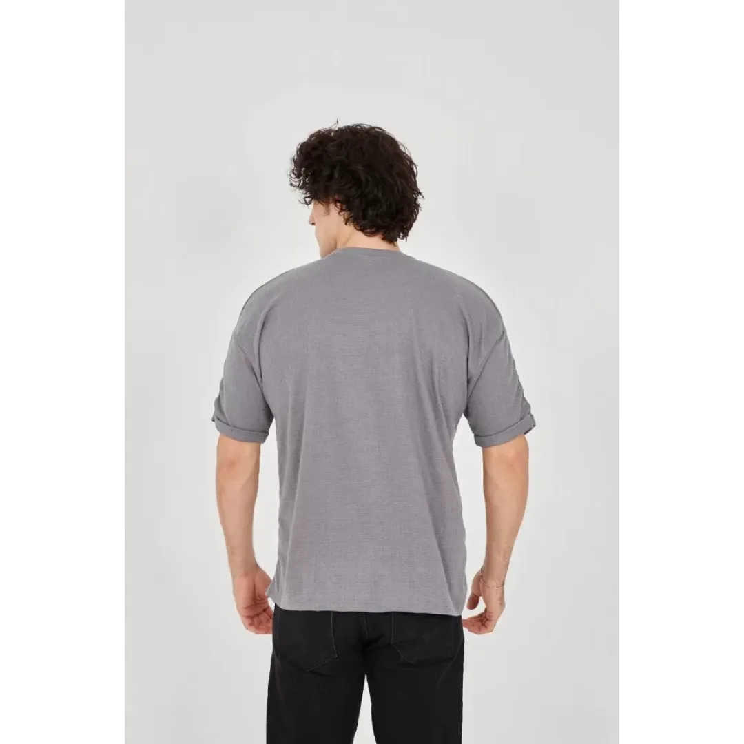Unisex Jakar Kumaş Rahat Kol T-Shirt - Gri - 102724 Unisex Jakar Kumaş Rahat Kol T-Shirt - Gri - 102724