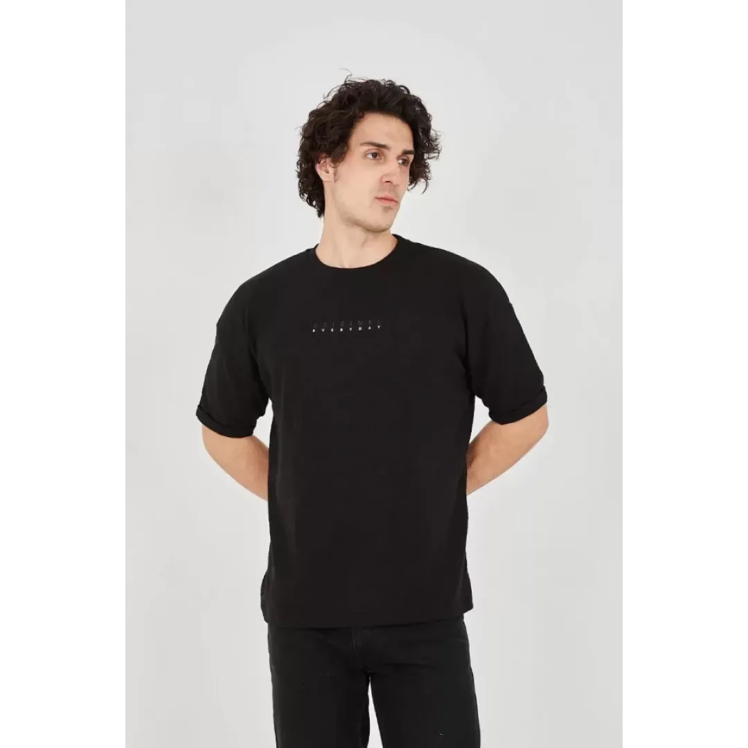 Unisex Jakar Kumaş Rahat Kol T-Shirt - Siyah - 102726
