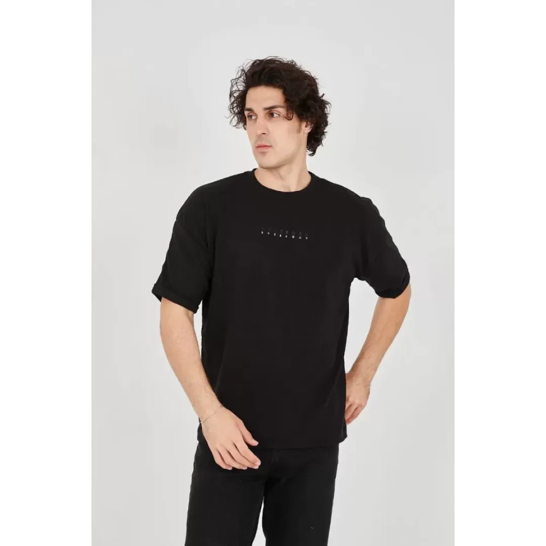 Unisex Jakar Kumaş Rahat Kol T-Shirt - Siyah - 102726