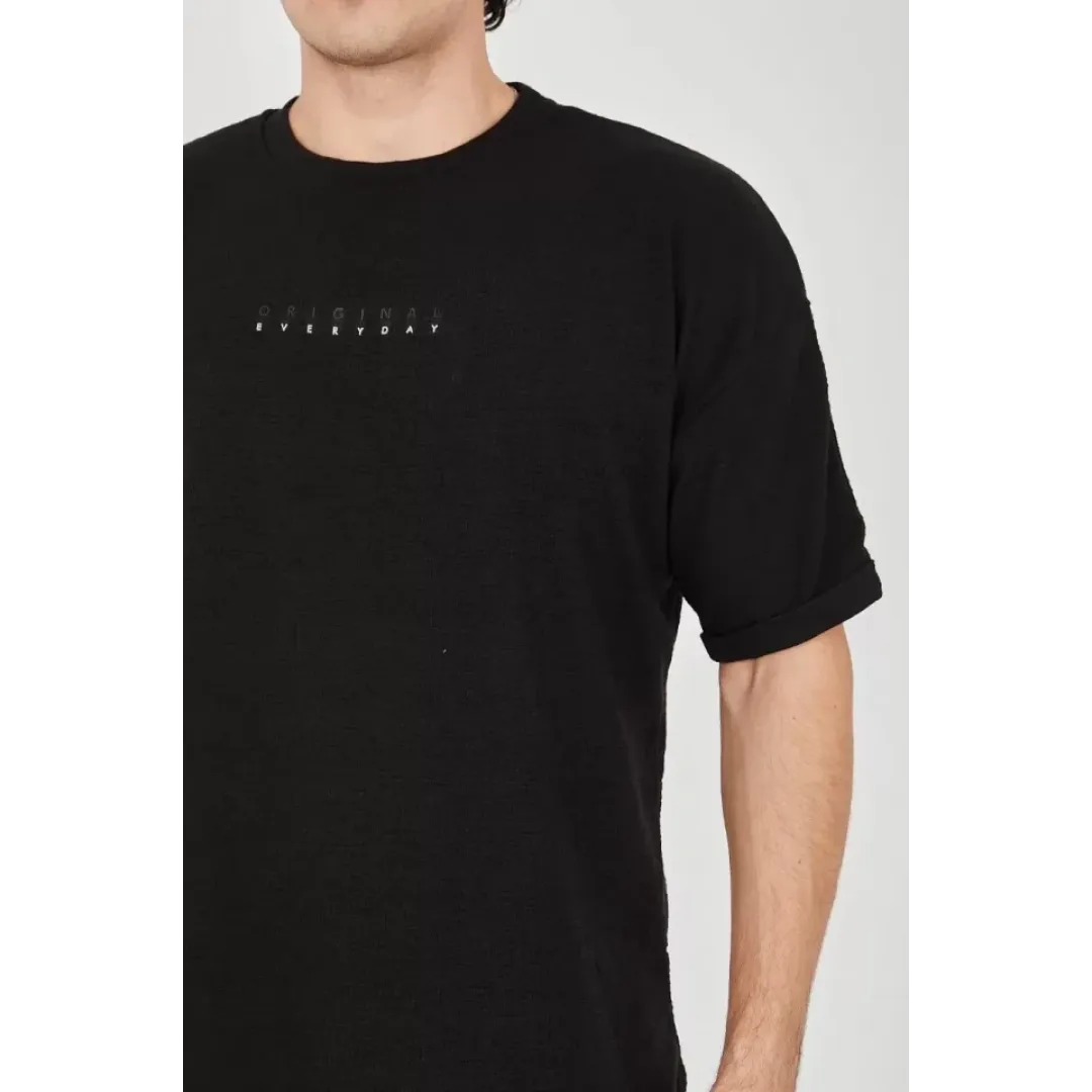 Unisex Jakar Kumaş Rahat Kol T-Shirt - Siyah - 102726