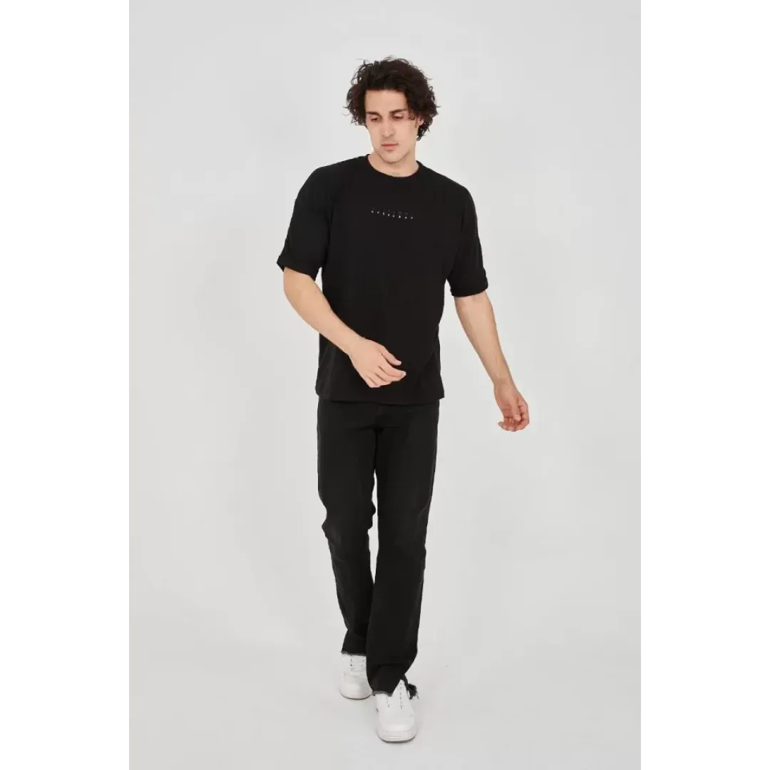 Unisex Jakar Kumaş Rahat Kol T-Shirt - Siyah - 102726