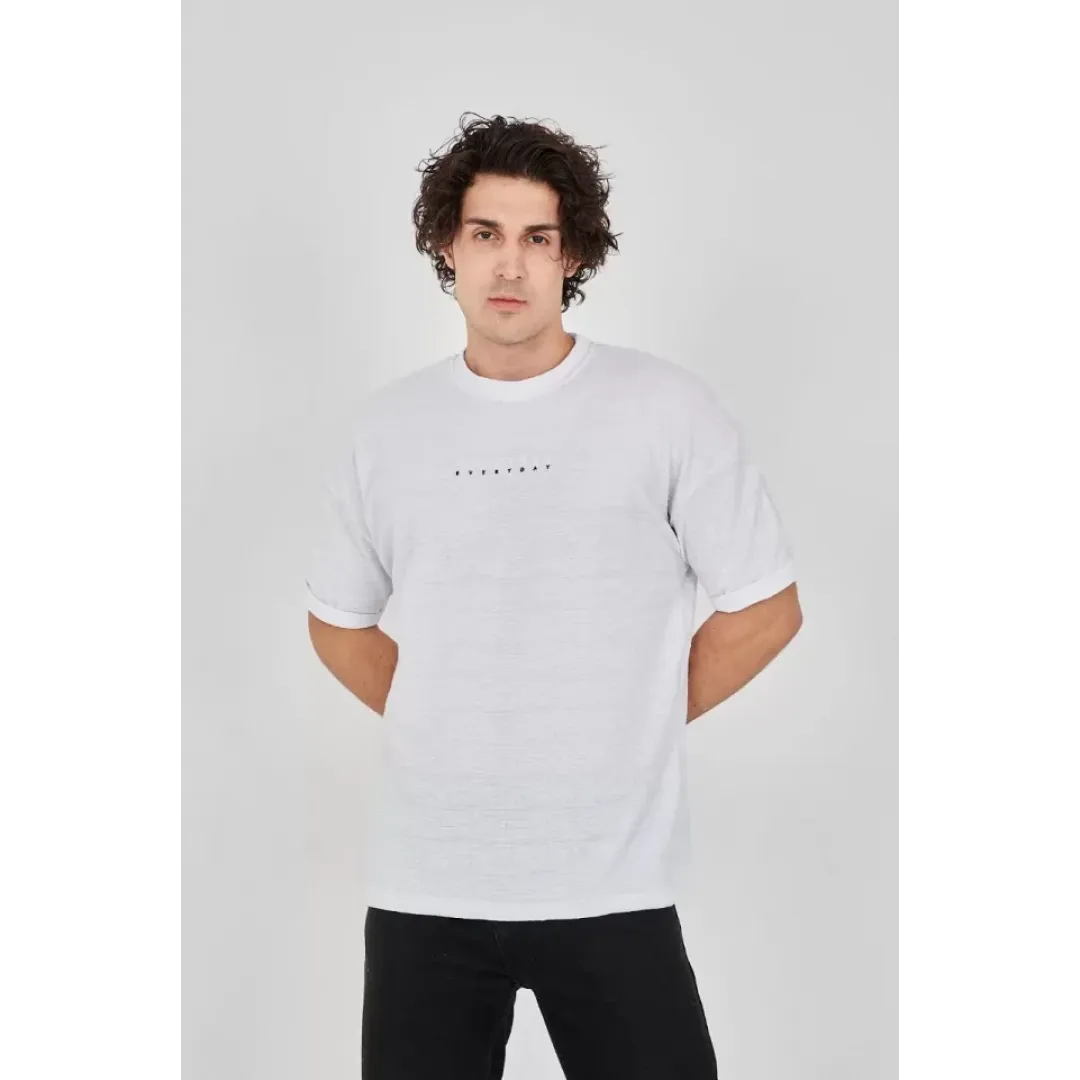 Unisex Jakar Kumaş Rahat Kol T-Shirt - Beyaz - 102727 Unisex Jakar Kumaş Rahat Kol T-Shirt - Beyaz - 102727