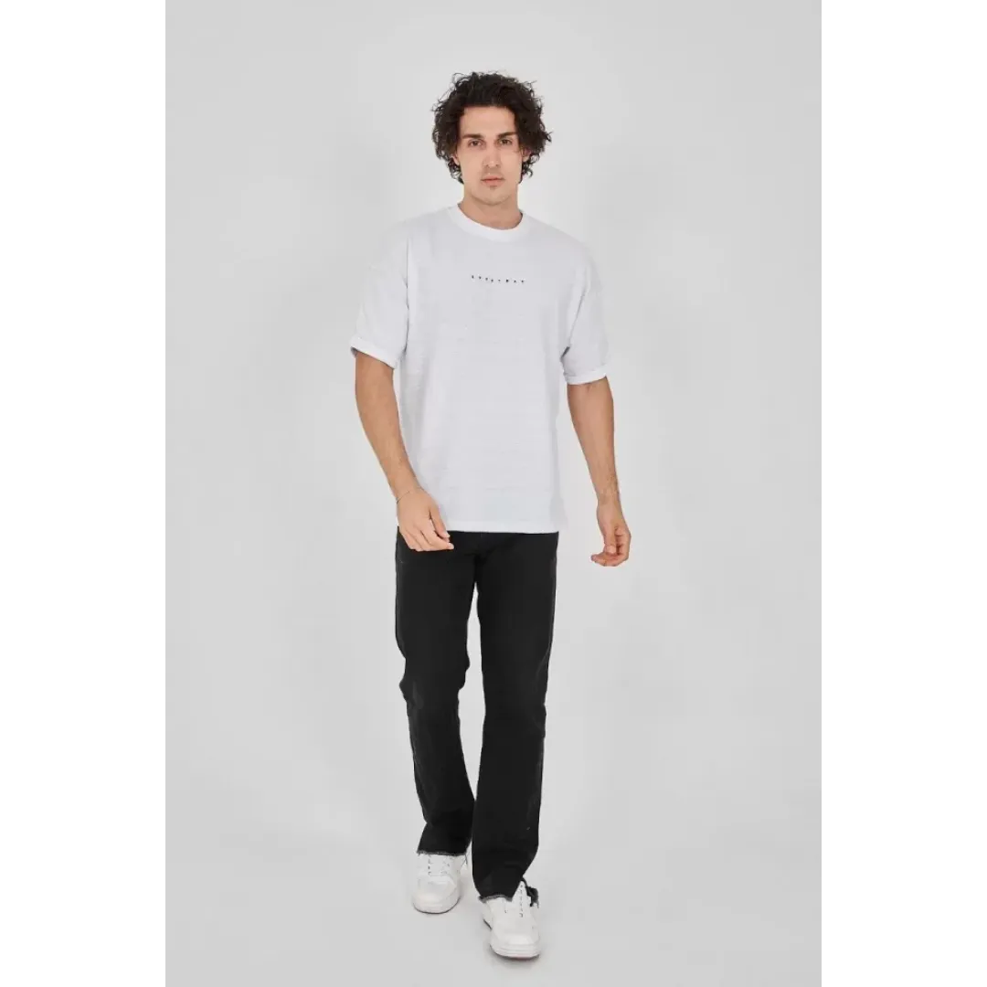 Unisex Jakar Kumaş Rahat Kol T-Shirt - Beyaz - 102727 Unisex Jakar Kumaş Rahat Kol T-Shirt - Beyaz - 102727
