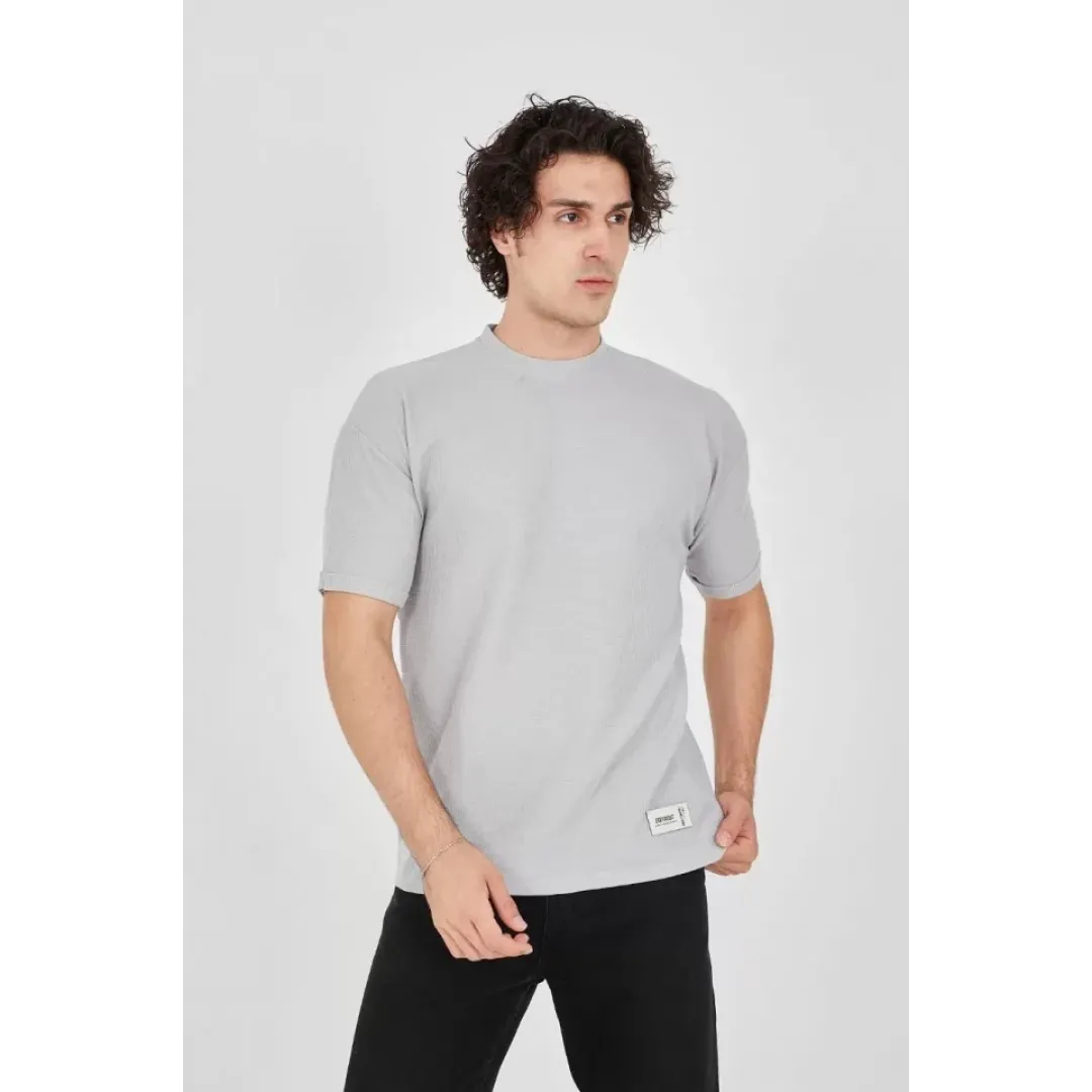 Unisex Waffle Kumaş Rahat Kol T-Shirt - Boyalı Gri - 102729 Unisex Waffle Kumaş Rahat Kol T-Shirt - Boyalı Gri - 102729