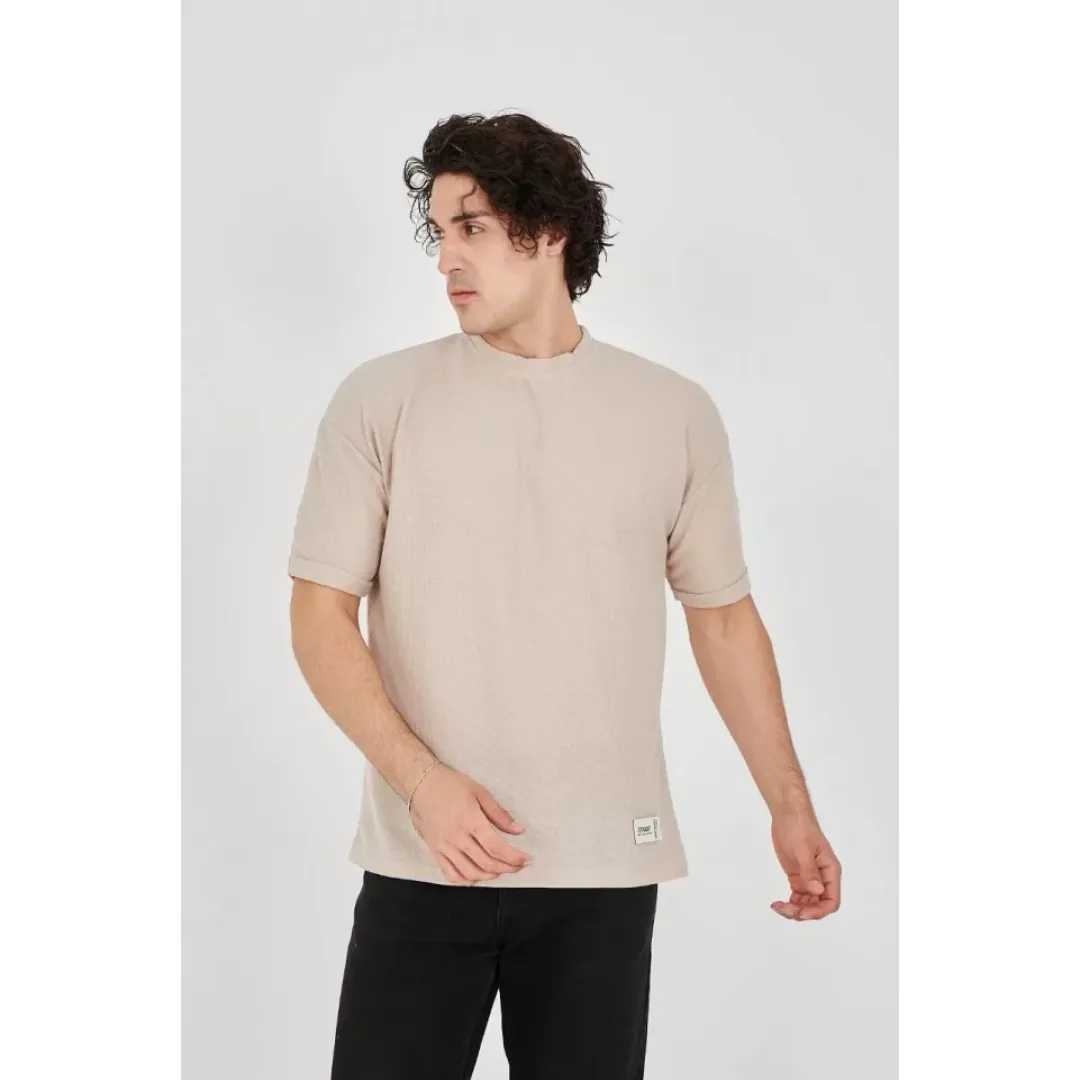 Unisex Waffle Kumaş Rahat Kol T-Shirt - Bej - 102730 Unisex Waffle Kumaş Rahat Kol T-Shirt - Bej - 102730