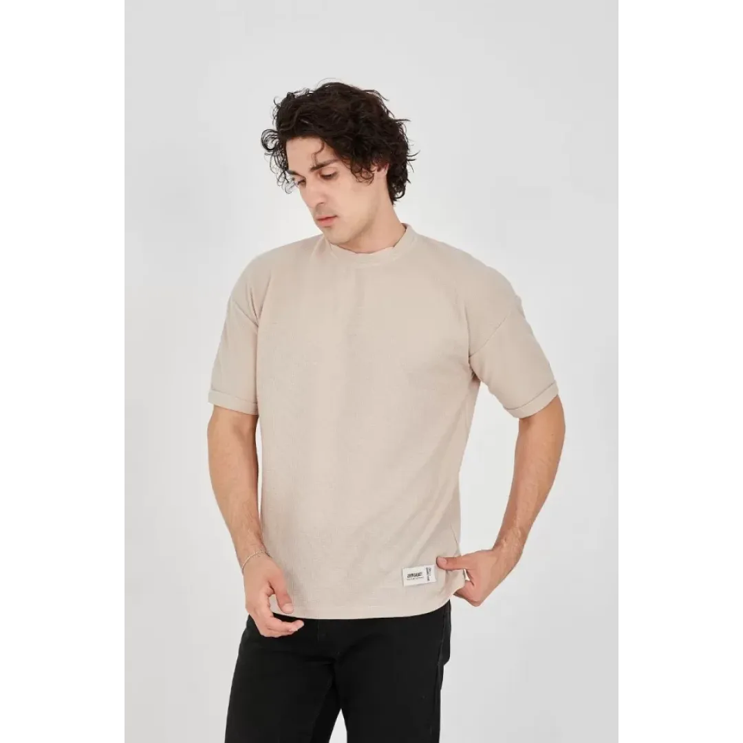 Unisex Waffle Kumaş Rahat Kol T-Shirt - Bej - 102730 Unisex Waffle Kumaş Rahat Kol T-Shirt - Bej - 102730