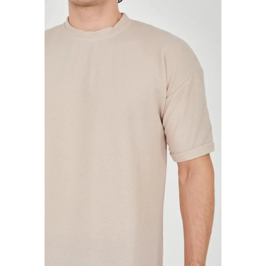 Unisex Waffle Kumaş Rahat Kol T-Shirt - Bej - 102730 Unisex Waffle Kumaş Rahat Kol T-Shirt - Bej - 102730