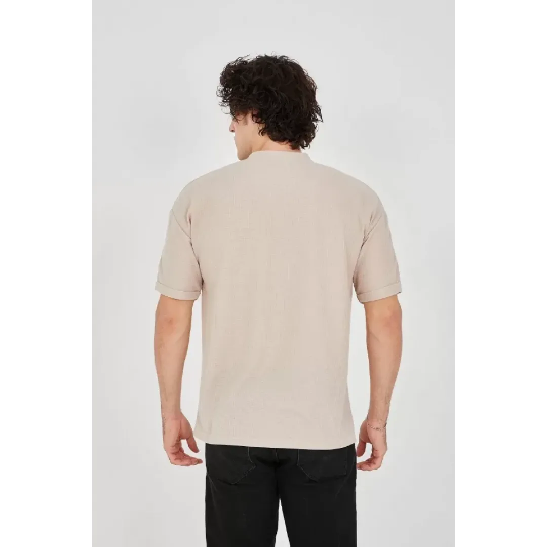Unisex Waffle Kumaş Rahat Kol T-Shirt - Bej - 102730 Unisex Waffle Kumaş Rahat Kol T-Shirt - Bej - 102730