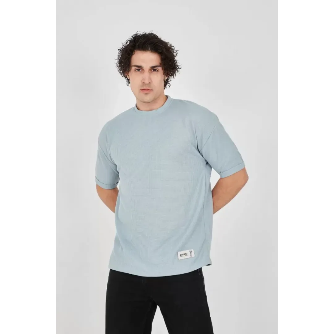 Unisex Waffle Kumaş Rahat Kol T-Shirt - Buz Mavisi - 102731
