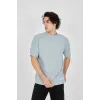 Unisex Waffle Kumaş Rahat Kol T-Shirt - Buz Mavisi - 102731