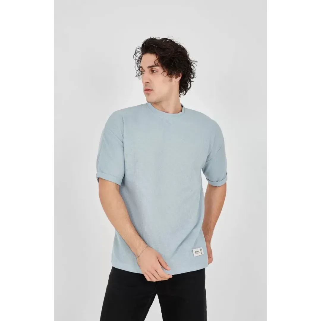 Unisex Waffle Kumaş Rahat Kol T-Shirt - Buz Mavisi - 102731