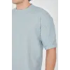 Unisex Waffle Kumaş Rahat Kol T-Shirt - Buz Mavisi - 102731