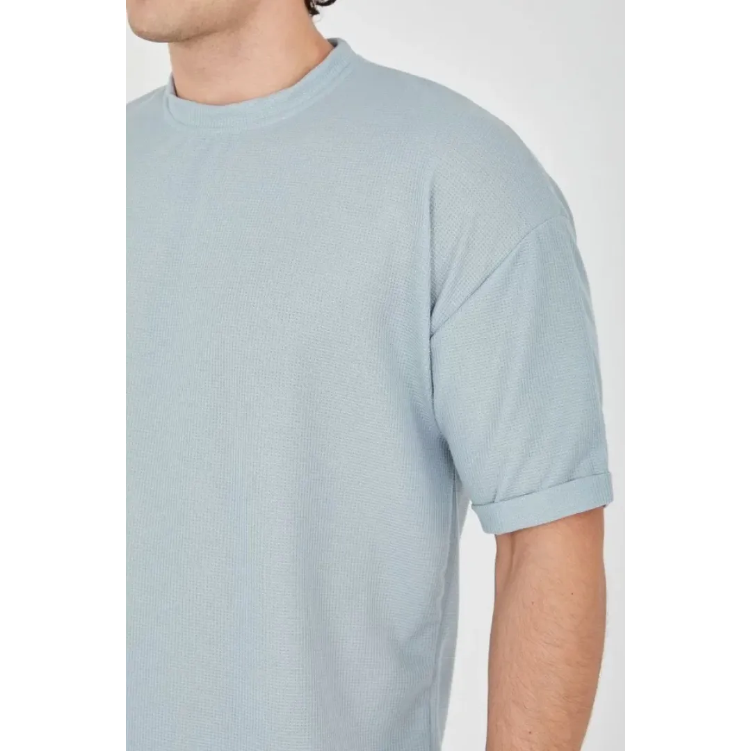 Unisex Waffle Kumaş Rahat Kol T-Shirt - Buz Mavisi - 102731