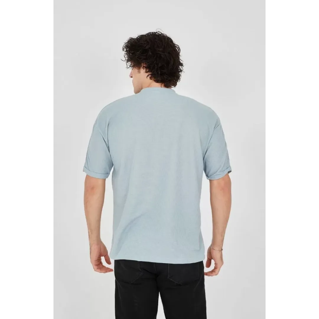 Unisex Waffle Kumaş Rahat Kol T-Shirt - Buz Mavisi - 102731