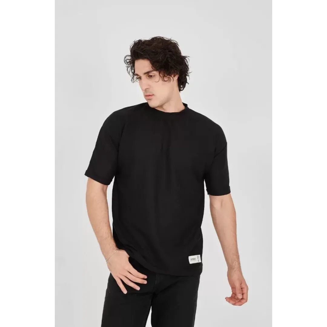Unisex Waffle Kumaş Rahat Kol T-Shirt - Siyah - 102732 Unisex Waffle Kumaş Rahat Kol T-Shirt - Siyah - 102732