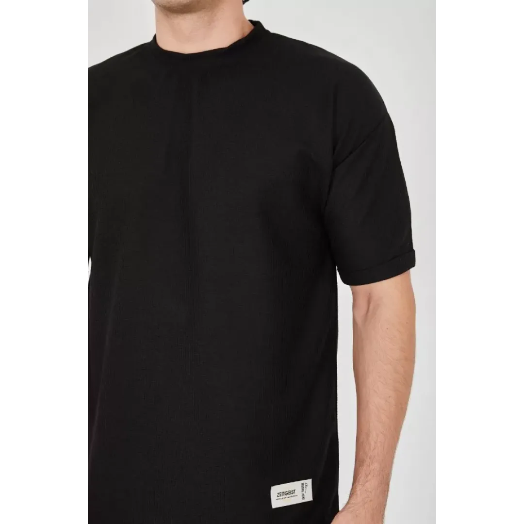 Unisex Waffle Kumaş Rahat Kol T-Shirt - Siyah - 102732 Unisex Waffle Kumaş Rahat Kol T-Shirt - Siyah - 102732