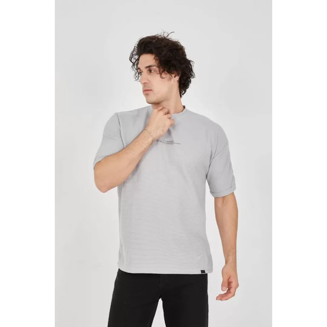 Unisex Waffle Kumaş Rahat Kol T-Shirt - Boyalı Gri - 102733 Unisex Waffle Kumaş Rahat Kol T-Shirt - Boyalı Gri - 102733