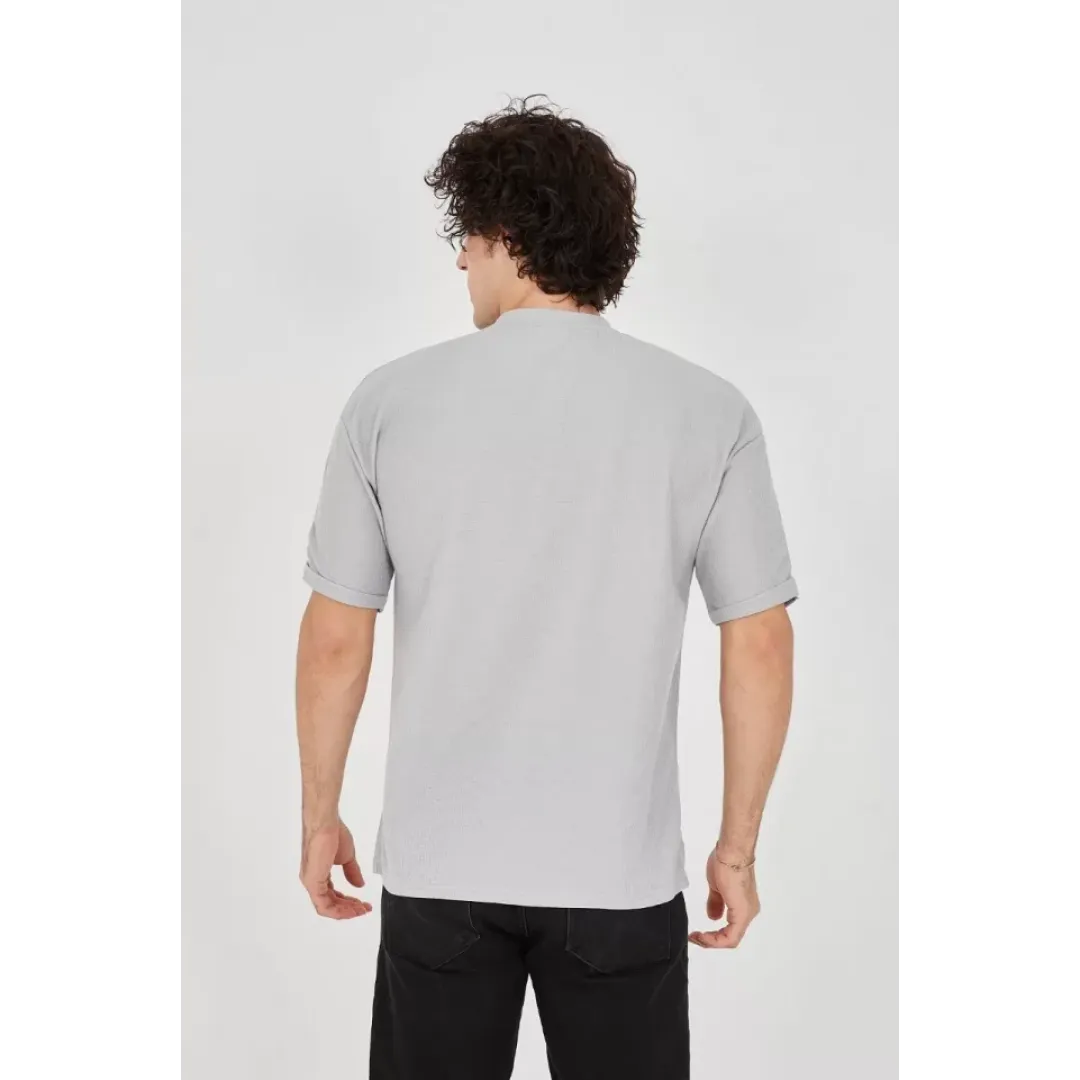Unisex Waffle Kumaş Rahat Kol T-Shirt - Boyalı Gri - 102733 Unisex Waffle Kumaş Rahat Kol T-Shirt - Boyalı Gri - 102733