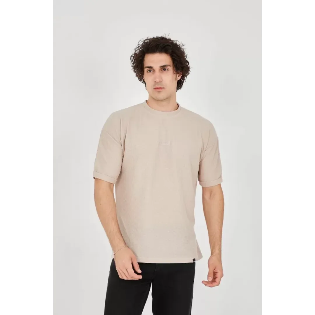 Unisex Waffle Kumaş Rahat Kol T-Shirt - Bej - 102734 Unisex Waffle Kumaş Rahat Kol T-Shirt - Bej - 102734