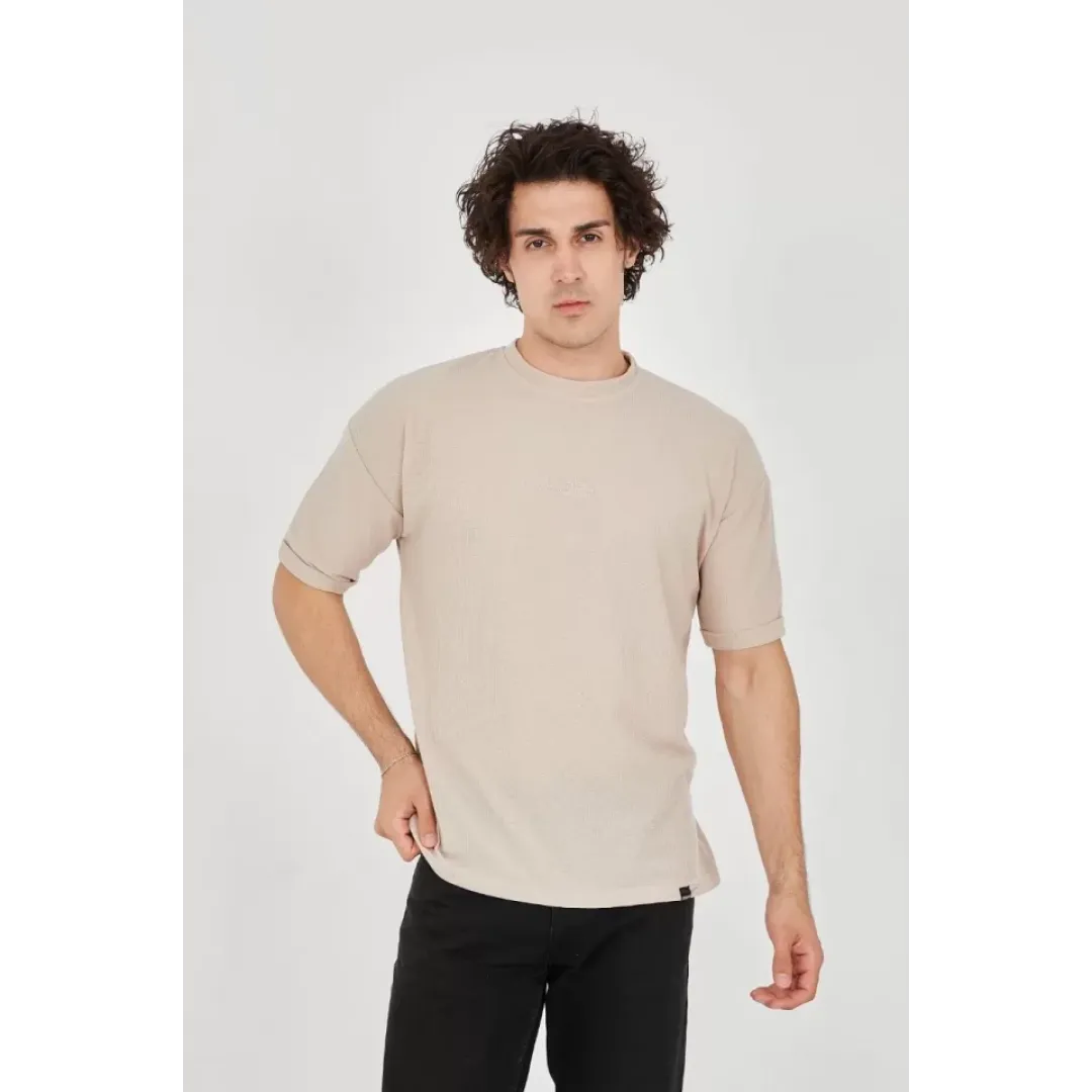 Unisex Waffle Kumaş Rahat Kol T-Shirt - Bej - 102734 Unisex Waffle Kumaş Rahat Kol T-Shirt - Bej - 102734