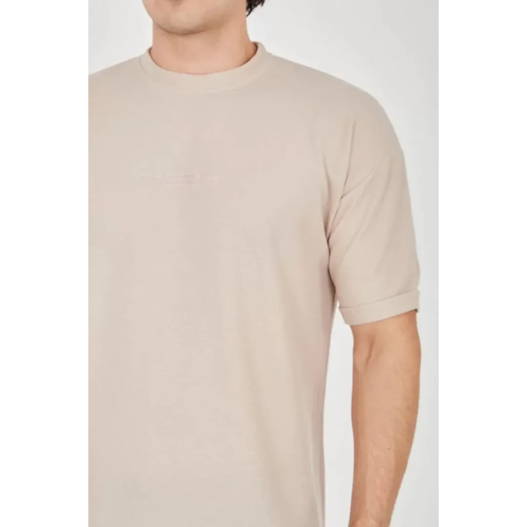 Unisex Waffle Kumaş Rahat Kol T-Shirt - Bej - 102734 Unisex Waffle Kumaş Rahat Kol T-Shirt - Bej - 102734