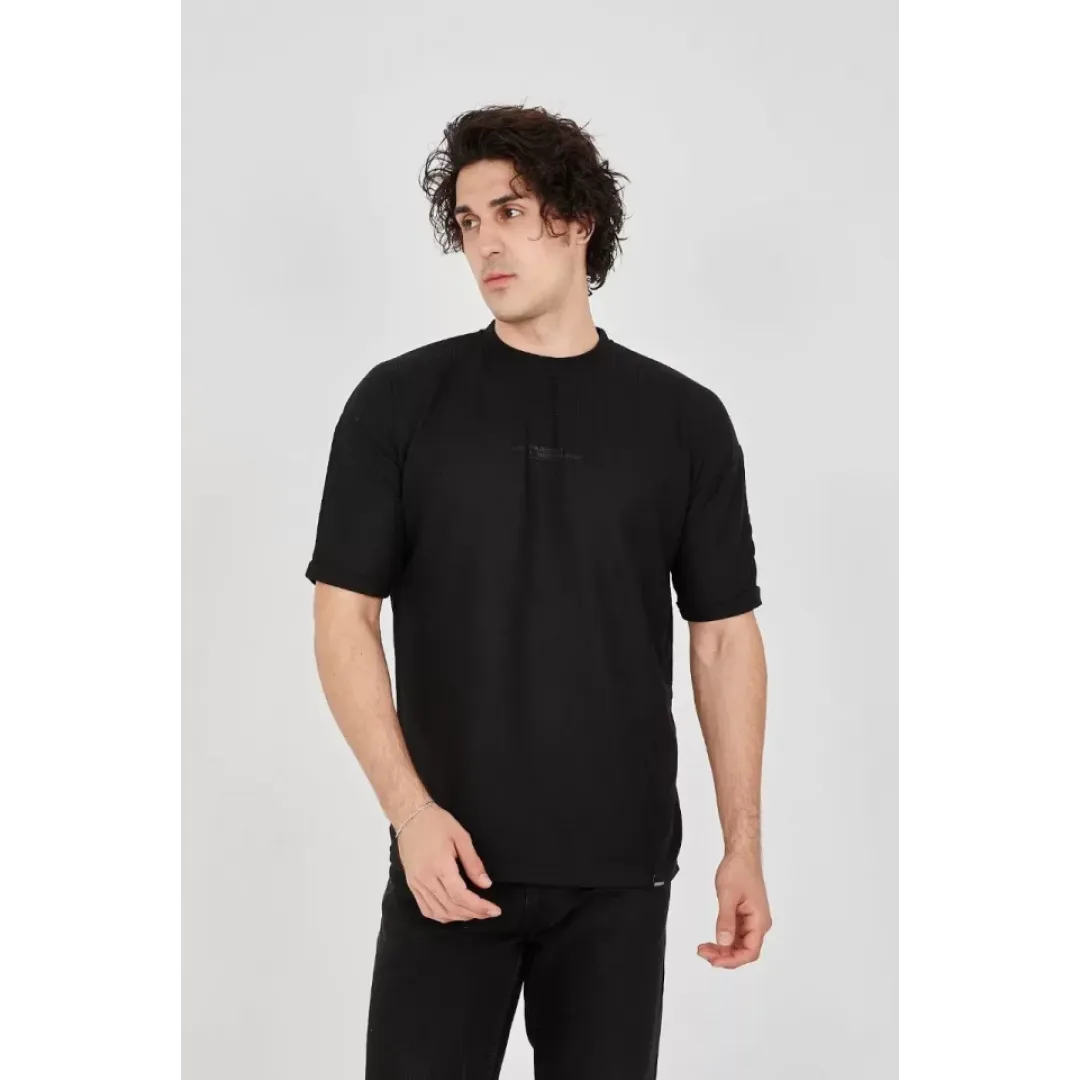 Unisex Waffle Kumaş Rahat Kol T-Shirt - Siyah - 102735 Unisex Waffle Kumaş Rahat Kol T-Shirt - Siyah - 102735
