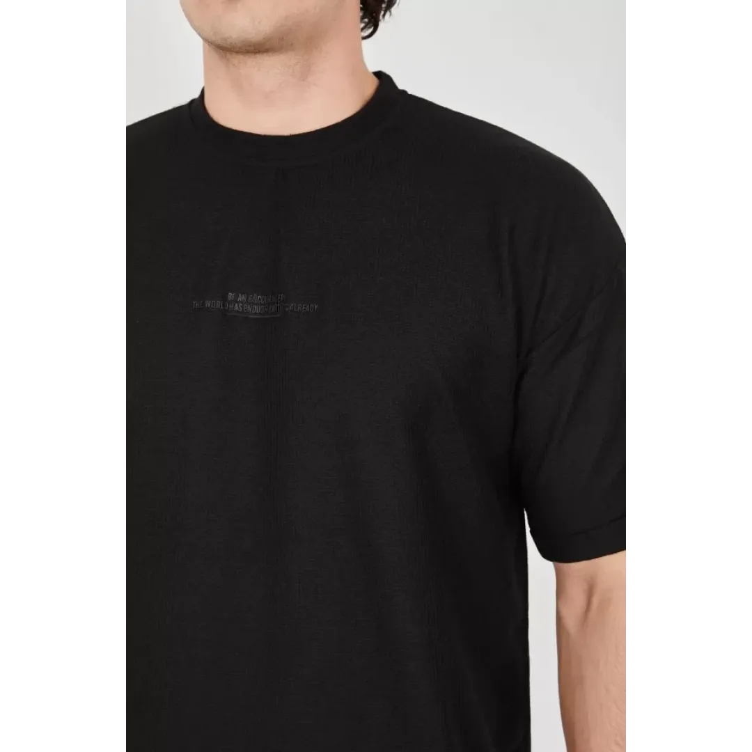 Unisex Waffle Kumaş Rahat Kol T-Shirt - Siyah - 102735 Unisex Waffle Kumaş Rahat Kol T-Shirt - Siyah - 102735