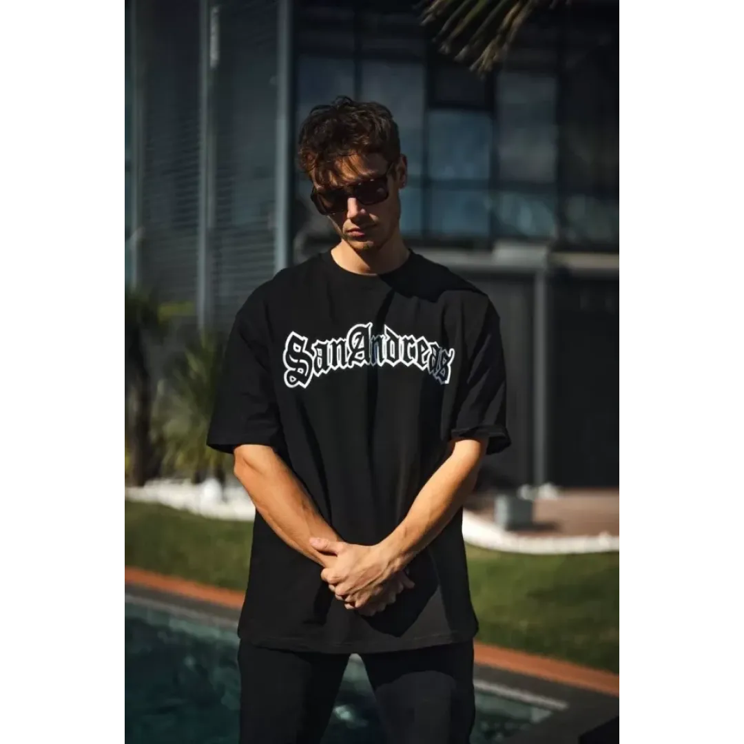 Unisex Bisiklet Yaka Baskılı Oversize T-Shirt - Siyah - 102878 Unisex Bisiklet Yaka Baskılı Oversize T-Shirt - Siyah - 102878