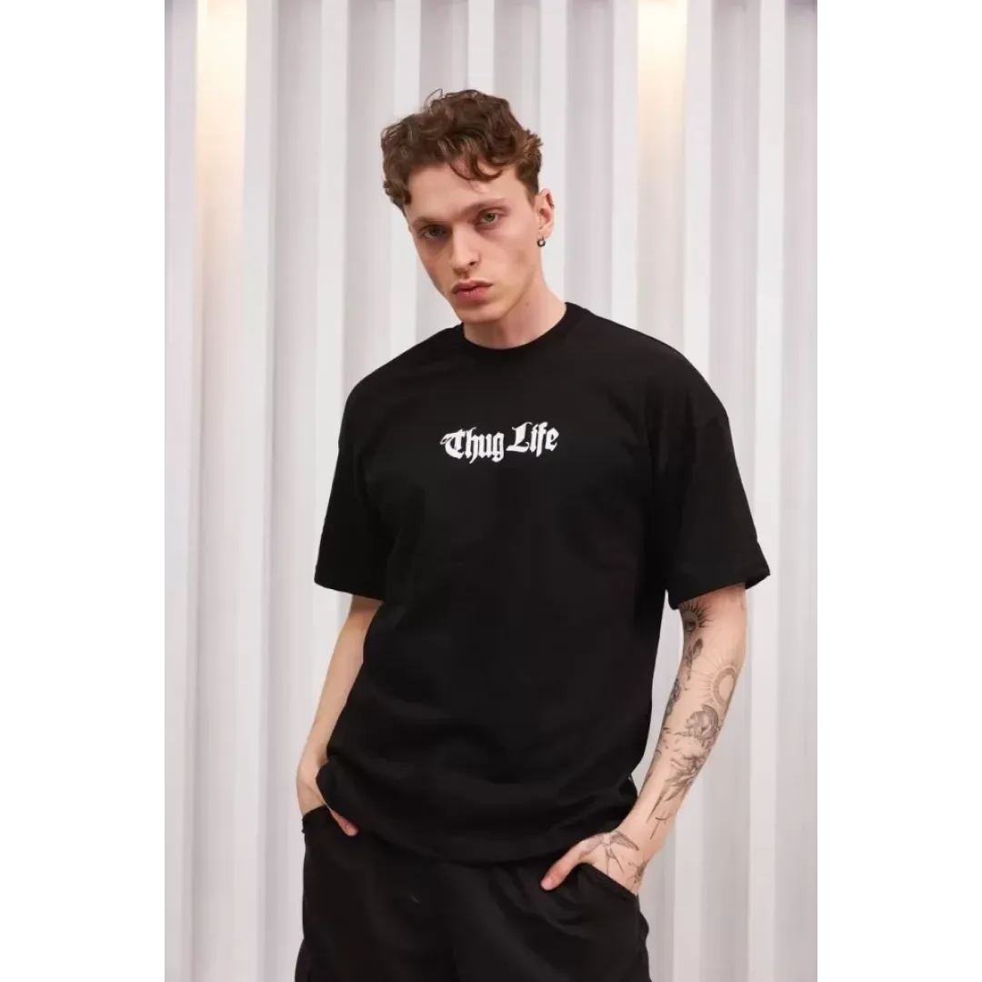 Unisex Bisiklet Yaka Baskılı Oversize T-Shirt - Siyah - 102879 Unisex Bisiklet Yaka Baskılı Oversize T-Shirt - Siyah - 102879