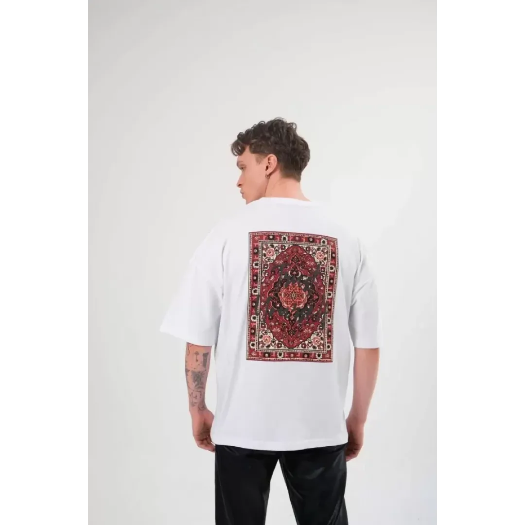 Unisex Bisiklet Yaka Baskılı Oversize T-Shirt - Beyaz - 102880