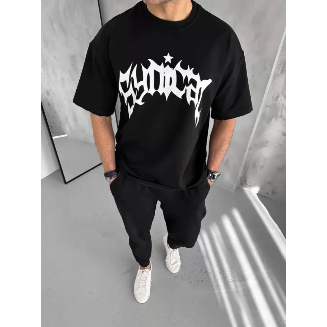 Unisex Bisiklet Yaka Baskılı Oversize T-Shirt - Siyah - 102881 Unisex Bisiklet Yaka Baskılı Oversize T-Shirt - Siyah - 102881