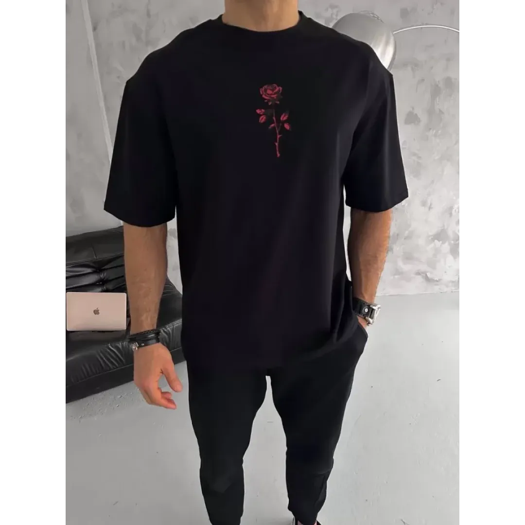 Unisex Bisiklet Yaka Baskılı Oversize T-Shirt - Siyah - 102882 Unisex Bisiklet Yaka Baskılı Oversize T-Shirt - Siyah - 102882