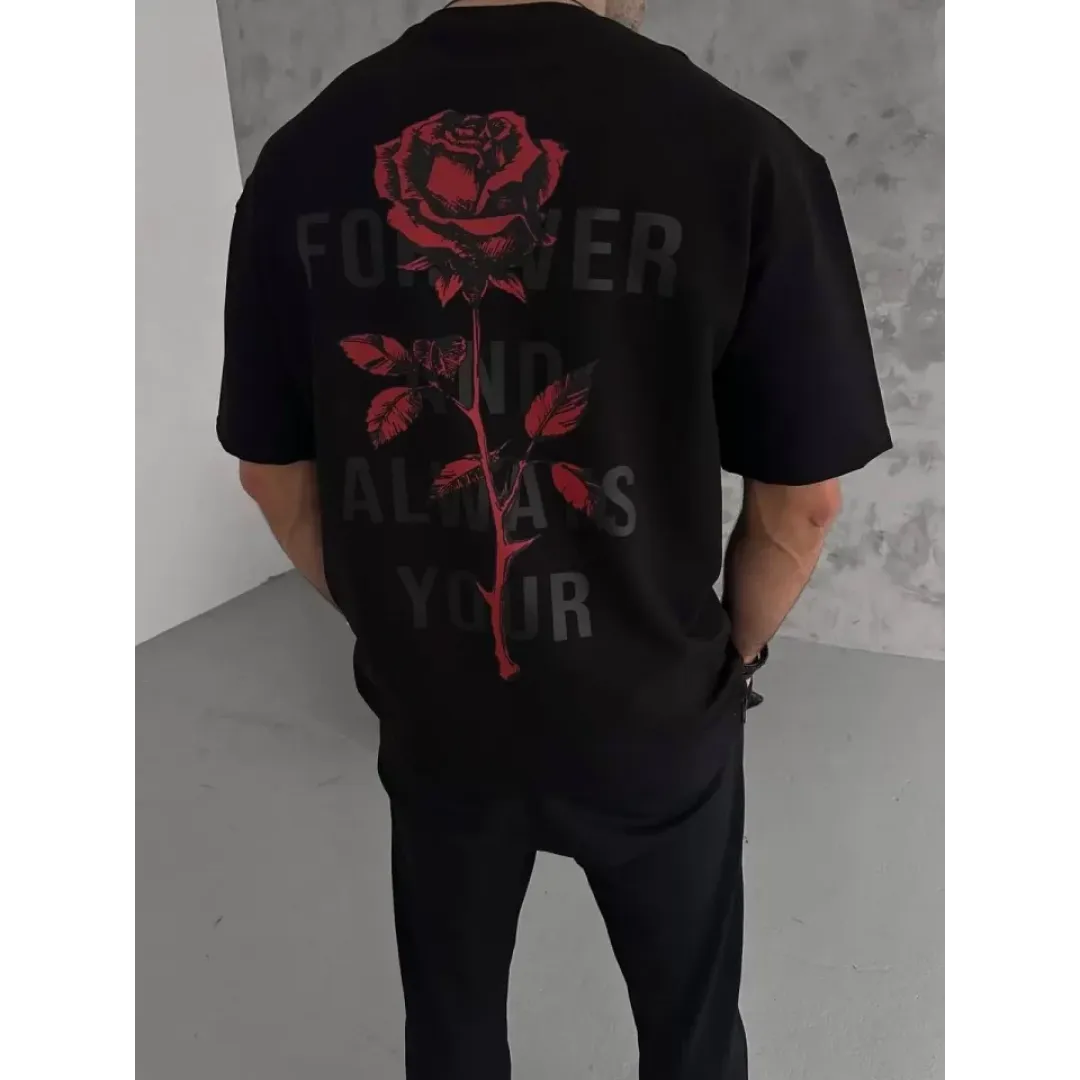 Unisex Bisiklet Yaka Baskılı Oversize T-Shirt - Siyah - 102882 Unisex Bisiklet Yaka Baskılı Oversize T-Shirt - Siyah - 102882