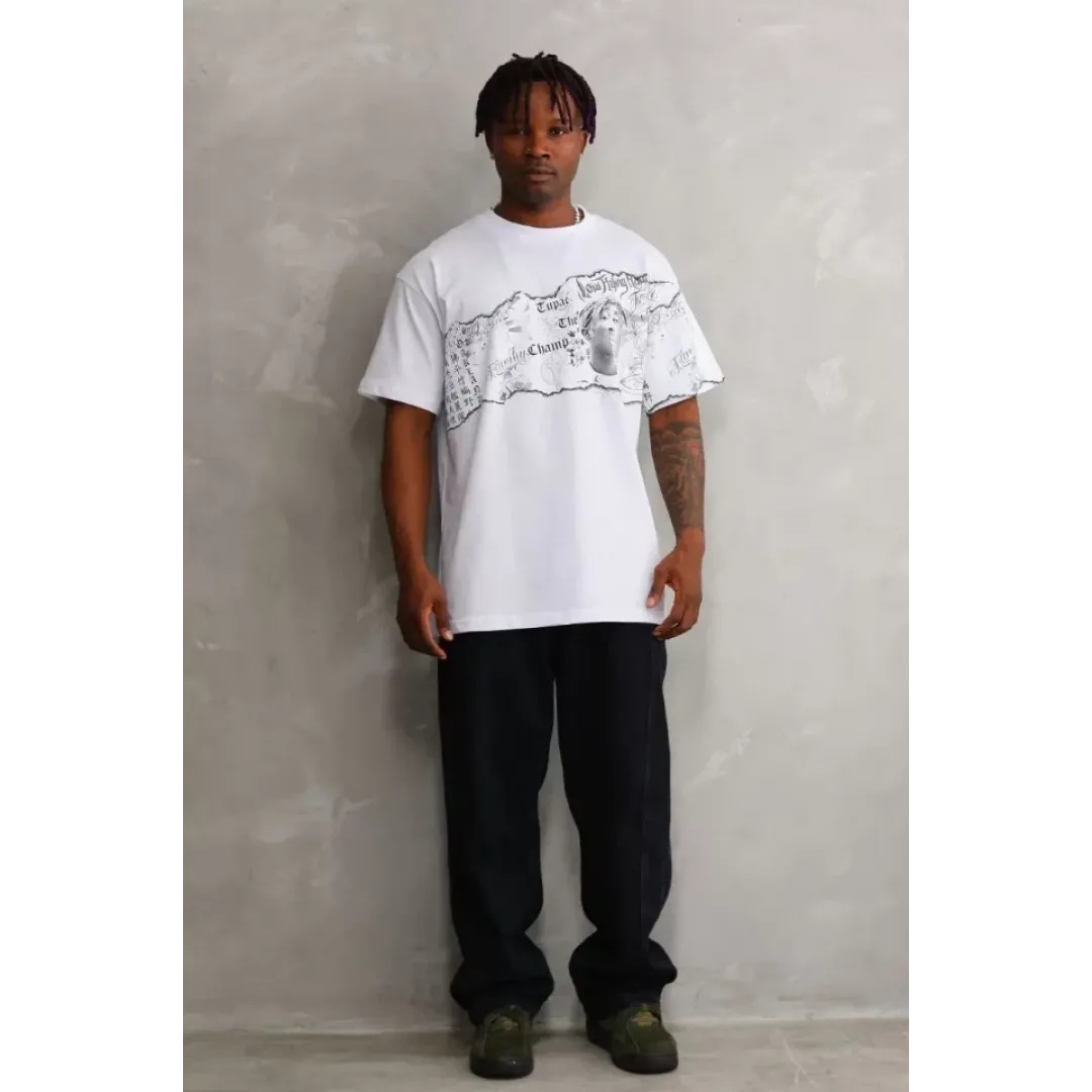 Unisex Bisiklet Yaka Baskılı Oversize T-Shirt - Beyaz - 103365